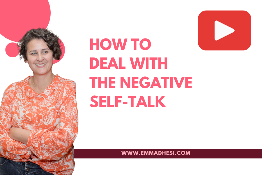 White background with the words 'How to deal with the negative self-talk' in pink letters