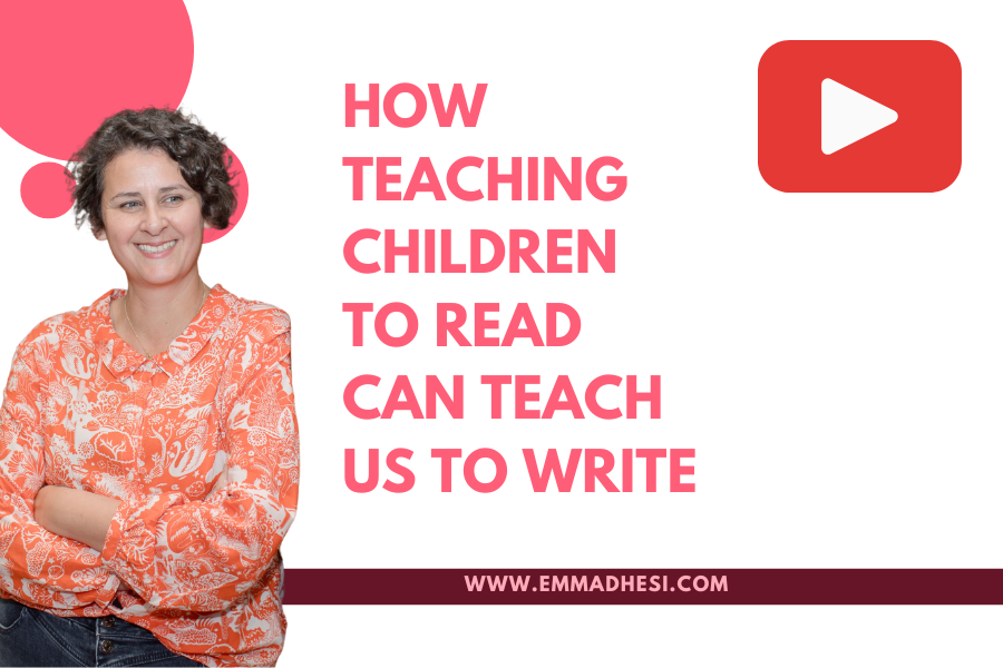 white background with the words 'how teaching children to read can teach us to write' in pink letters