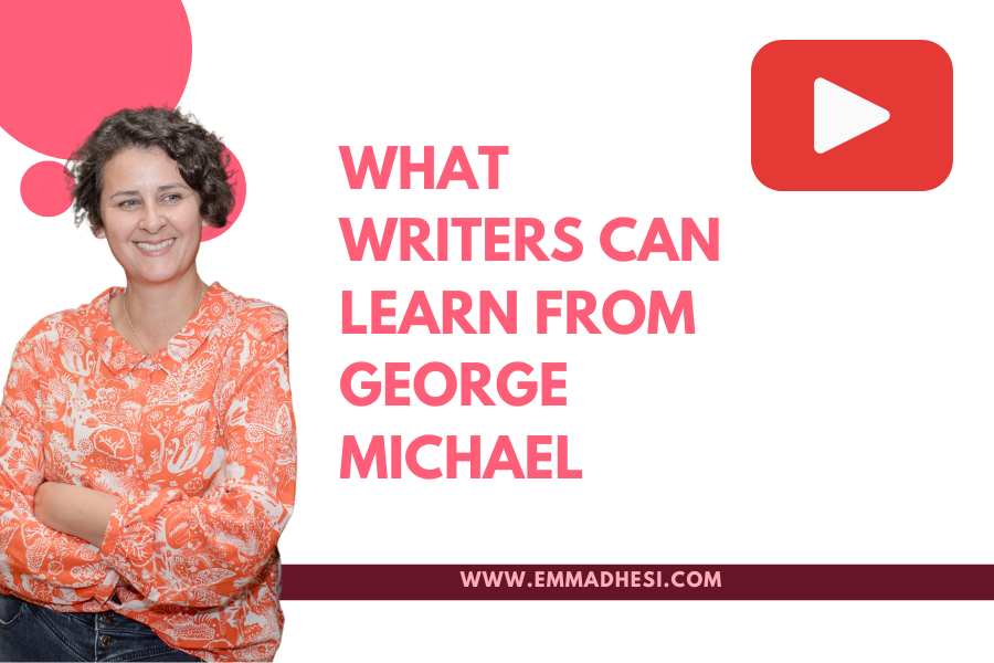 White background with the words 'what writers can learn from George Michael' in pink letters