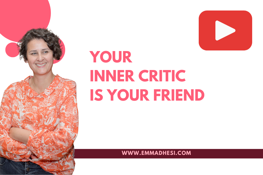 White background with 'your inner critic is your friend' in pink letters
