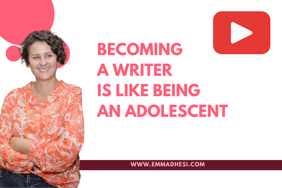 White background with the words 'becoming a writer is like being an adolescent' in pink letters