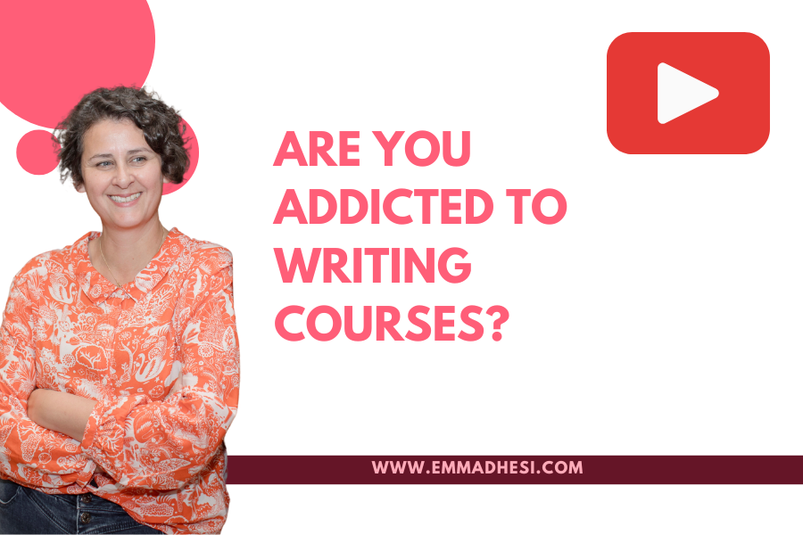 White background with the words 'are you addicted to writing courses' in pink letters
