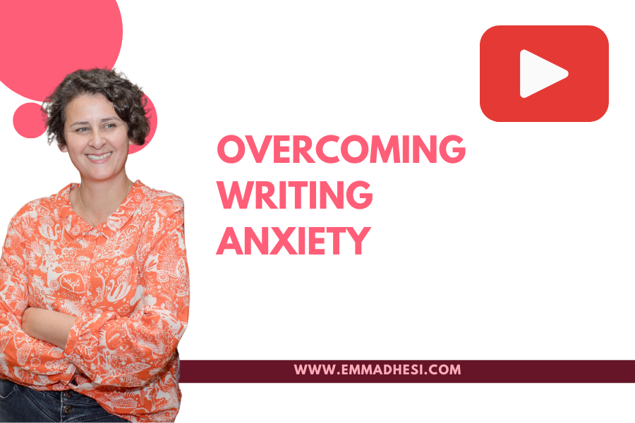 White background with the words 'overcoming writing anxiety' in pink letters