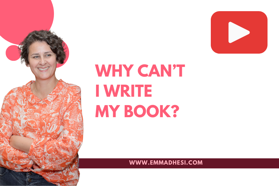 White background with the words 'why can't I write my book' in pink letters