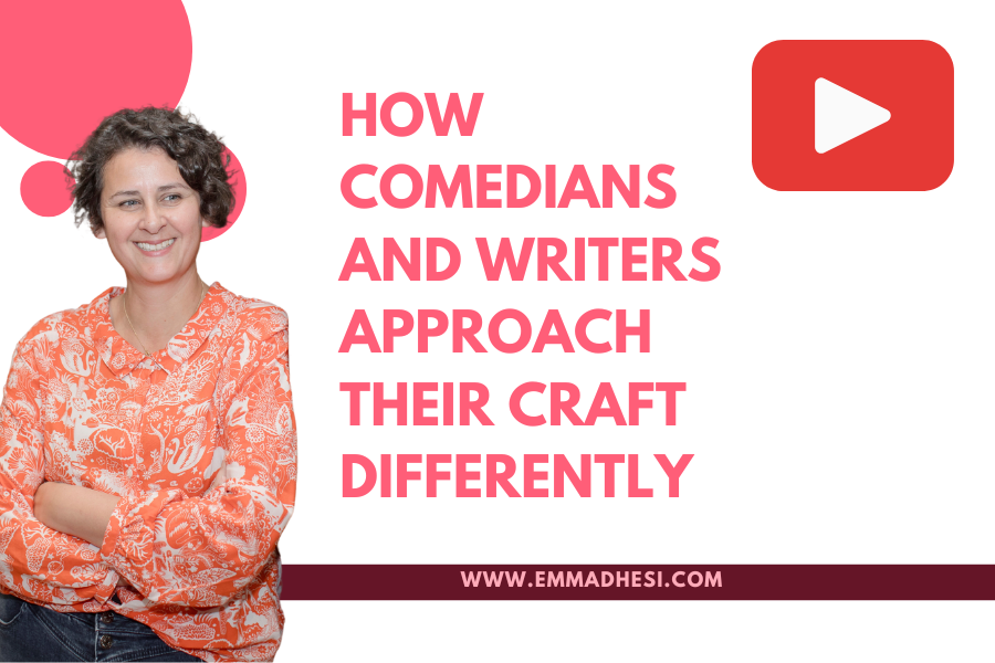 White background with the words 'how comedians and writers approach their craft differently' in pink letters