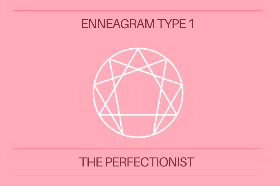 Pink background with a white Enneagram symbol with the words Enneagram Type 1 The Perfectionist' in dark pink letters