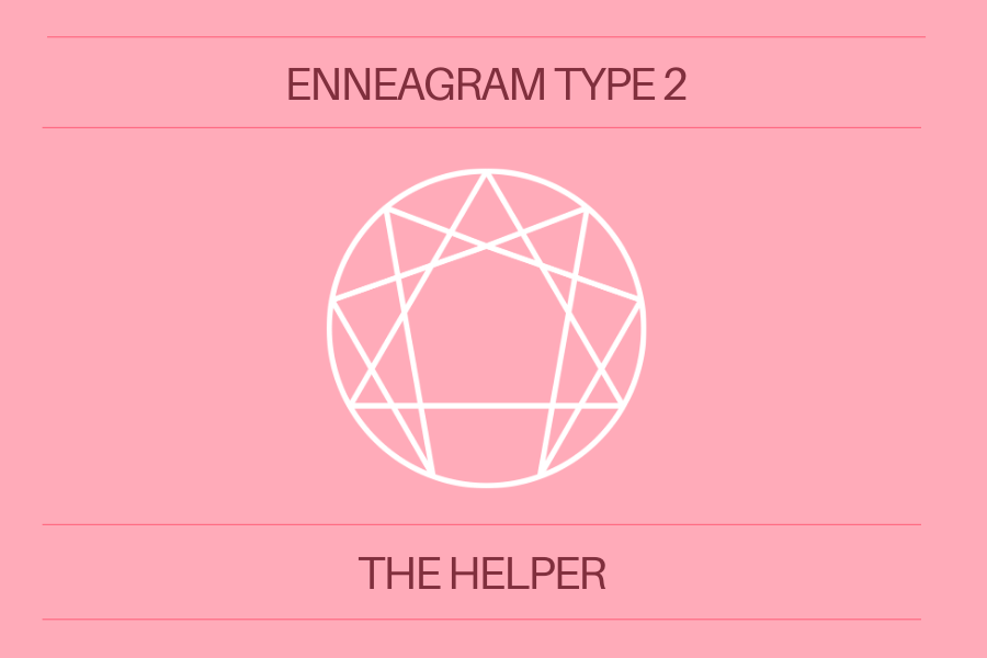 Pink background with a white Enneagram symbol with the words Enneagram Type 2 The Helper' in dark pink letters