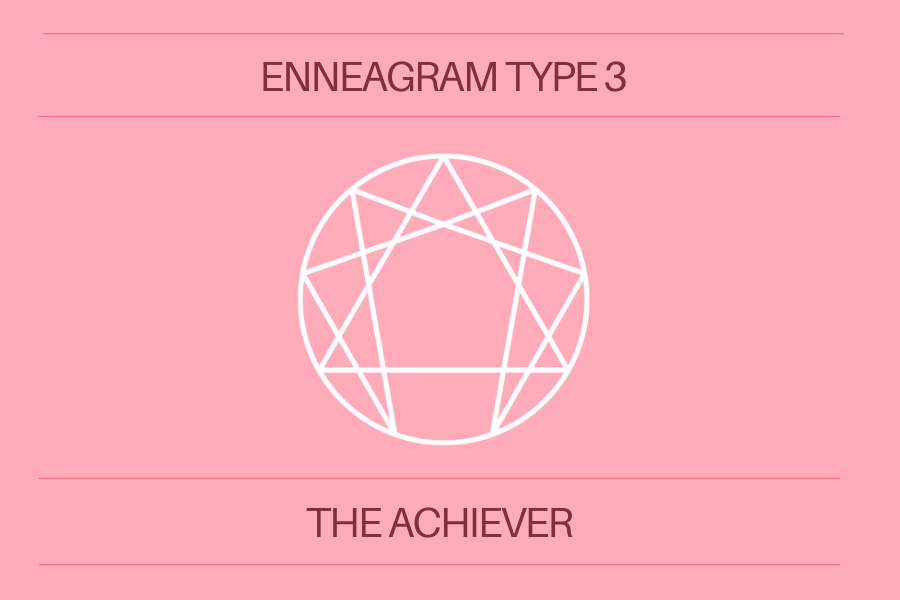 Pink background with a white Enneagram symbol with the words Enneagram Type 3 The Achiever' in dark pink letters