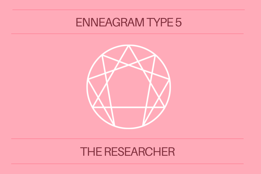 Pink background with the words 'Enneagram Type 5 The Researcher' in dark pink letters