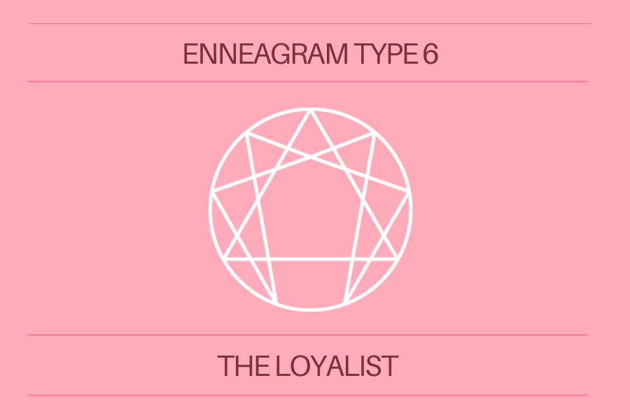 Pink background with the words 'Enneagram Type 6 The Loyalist' in dark pink letters