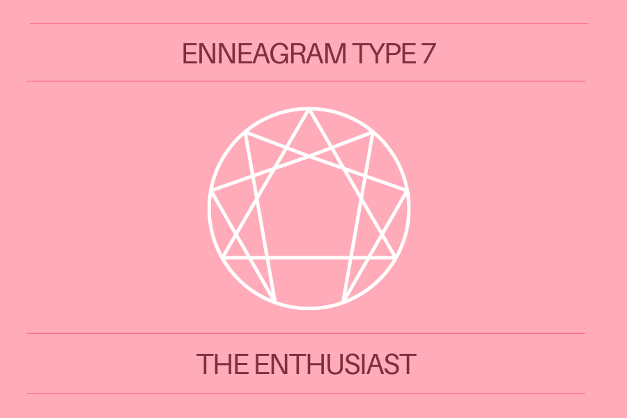 Pink background with the words 'Enneagram Type 7 The Enthusiastic' in dark pink letters