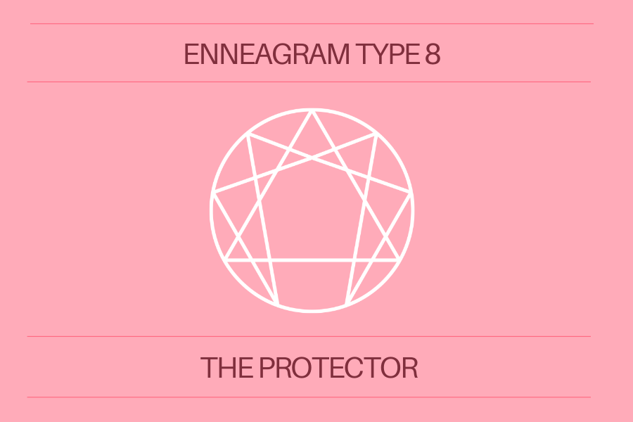 Pink background with the words 'Enneagram Type 8 The Protector' in dark pink letters