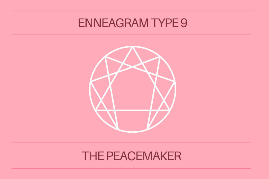 Pink background with the words 'Enneagram Type 9 The Peacemaker' in dark pink letters