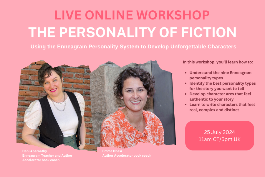 Pink background with 'the personality of fiction workshop' in white letters