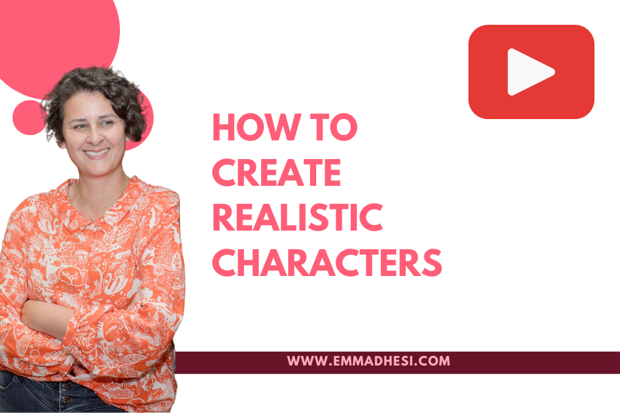 White background with the words 'how to create realistic characters' in pink letters