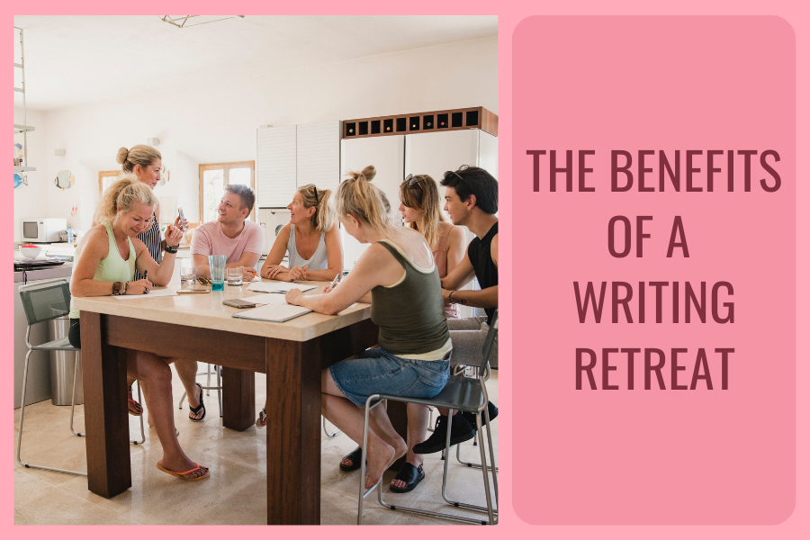 Writing retreat. A group of men and women sitting around a kitchen table with pens and notepads. They are wearing summer clothes like shorts and flip shops.