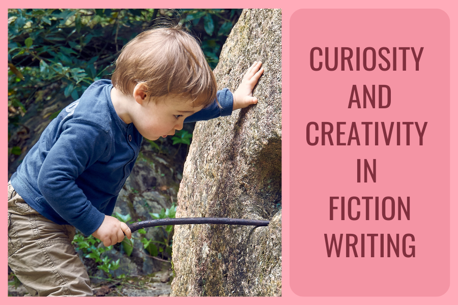 A small boy holding a stick looking into a hole in a wall. Next to him are the words curiosity and creativity in fiction writing