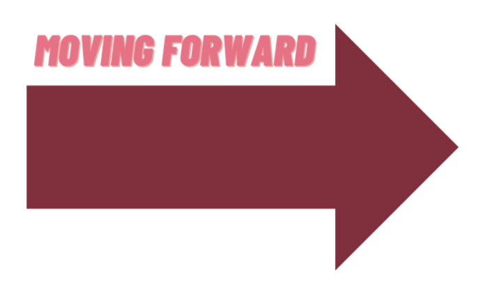 A big dark red arrow with the words 'moving forward' above it in pink letters