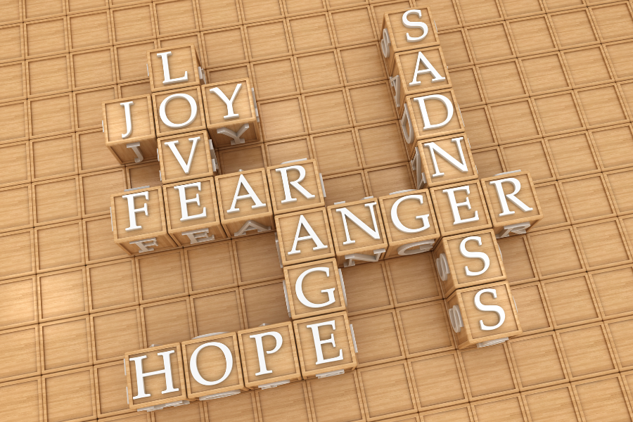 Tiles similar to Scrabble tiles spelling out 'love' 'joy' 'fear' 'anger' 'sadness' 'rage' and 'hope' 