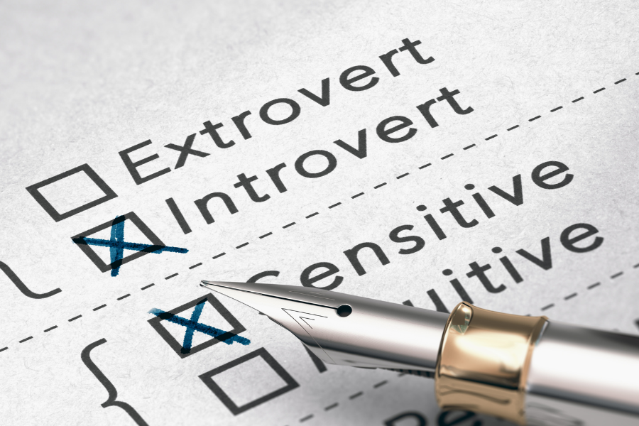 The words 'extrovert', 'introvert' 'sensitive' 'intuitive' with the words 'introvert' and 'sensitive' ticked