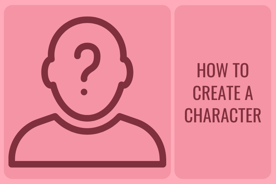 The outline of a head and shoulders with a question mark in the head and the words 'How to create a character' next to it