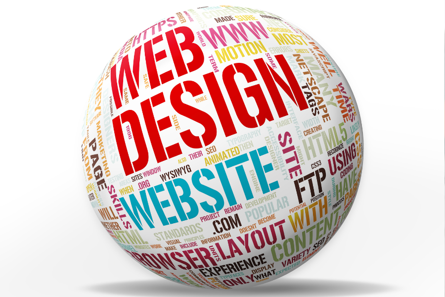 A sphere with 'web design' 'website' and other website related words on it