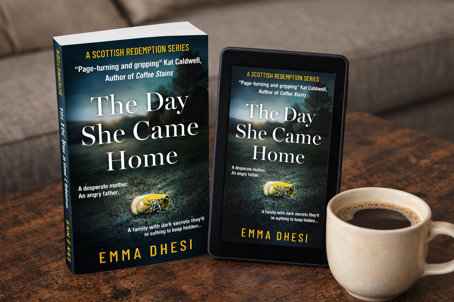 The Day She Came Home by Emma Dhesi displayed as a paperback and eReader