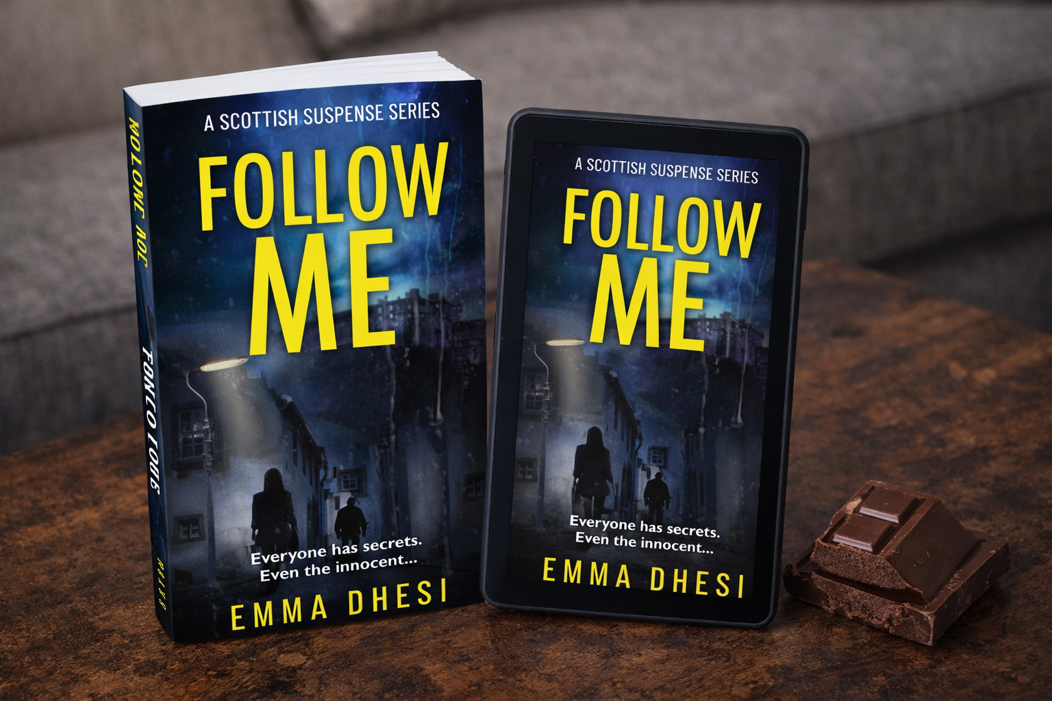 Follow Me by Emma Dhesi displayed as a paperback and eReader on a wooden coffee table